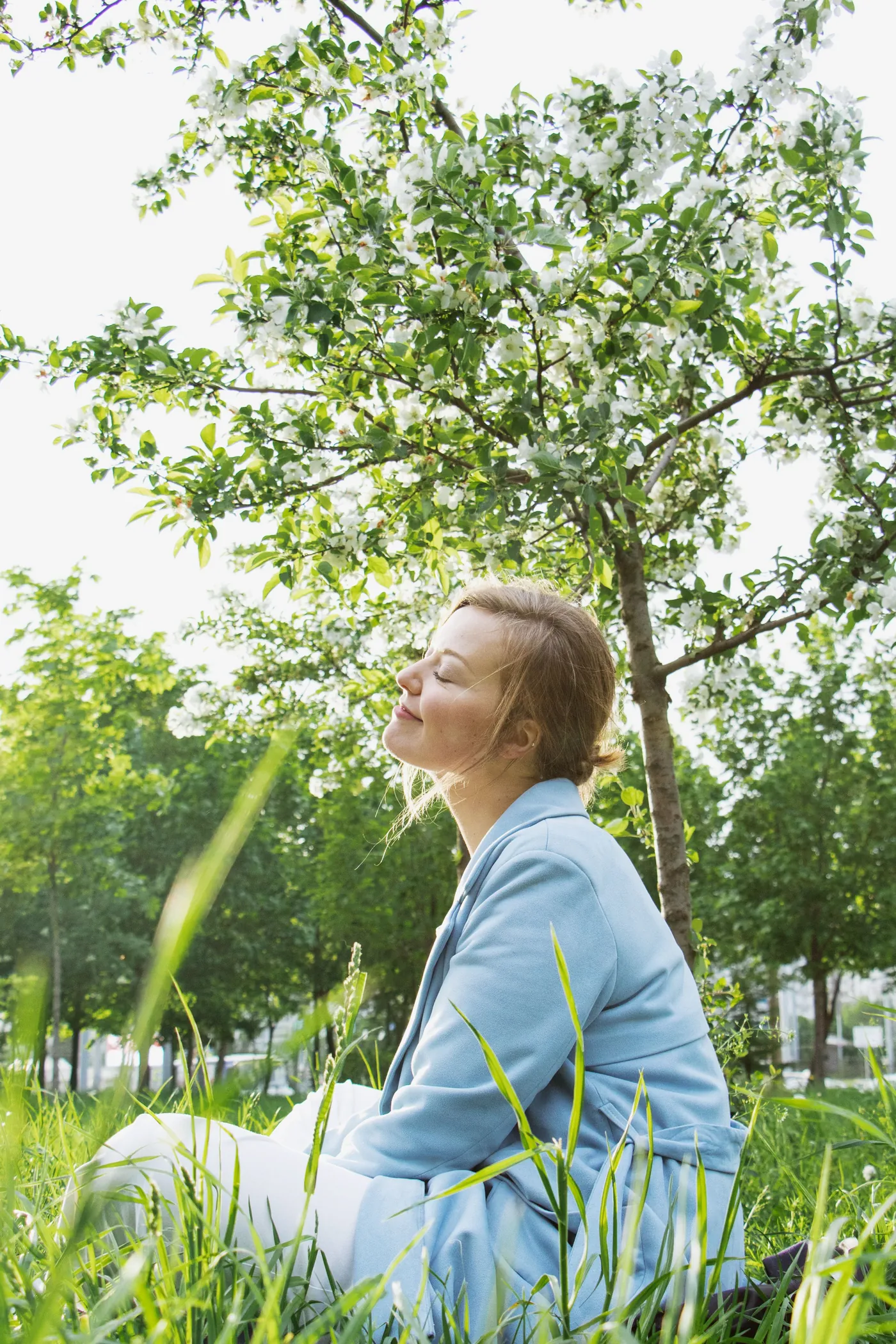 A woman sitting peacefully in the grass beneath a blossoming tree